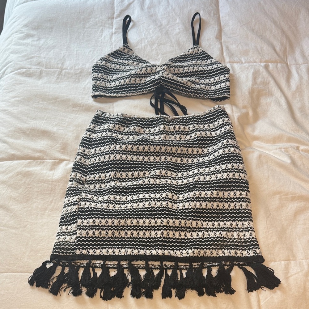 Zaful Black and White Fringe Skirt Set